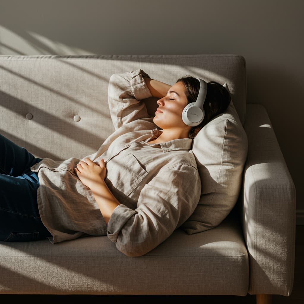 Klientin entspannt sich tief während einer Bio-Tuning Klangfrequenz-Sitzung